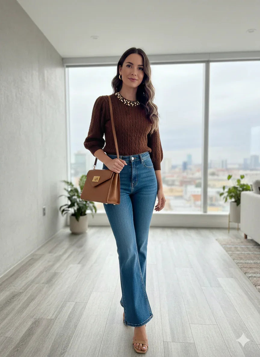 Pull marron structuré à tricot col perlé - NMDRESS