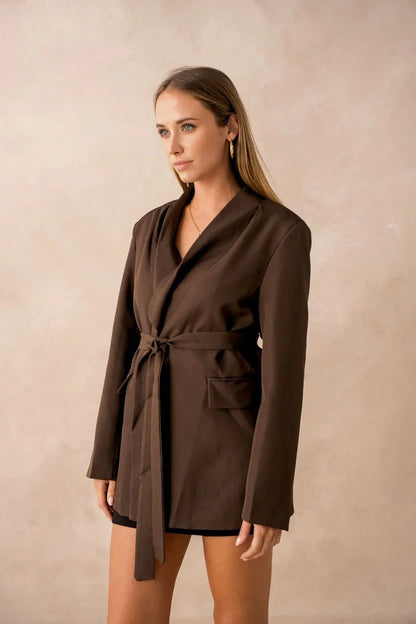 Blazer Marron femme ouvert avec ceinture - NMDRESS