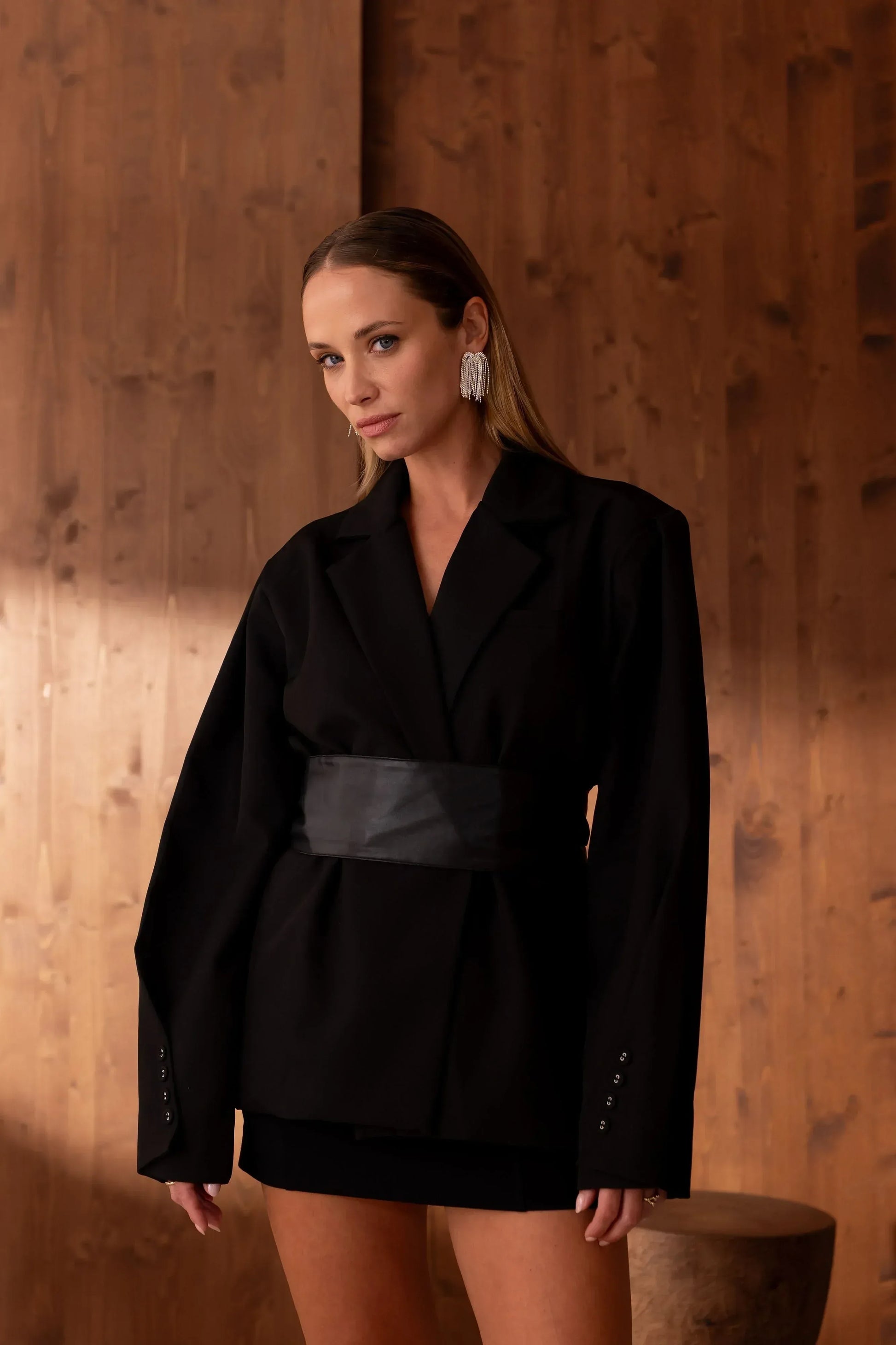 Blazer noir oversize femme à ceinture large Augustine - NMDRESS