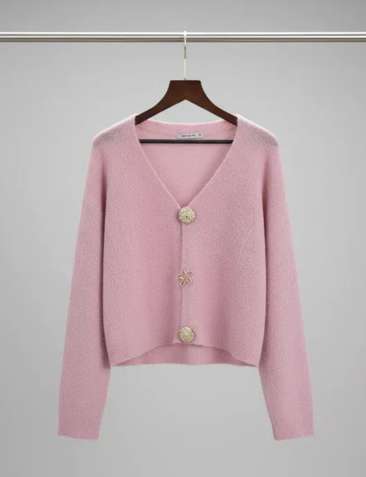 Cardigan rose bouton bijoux doré - NMDRESS