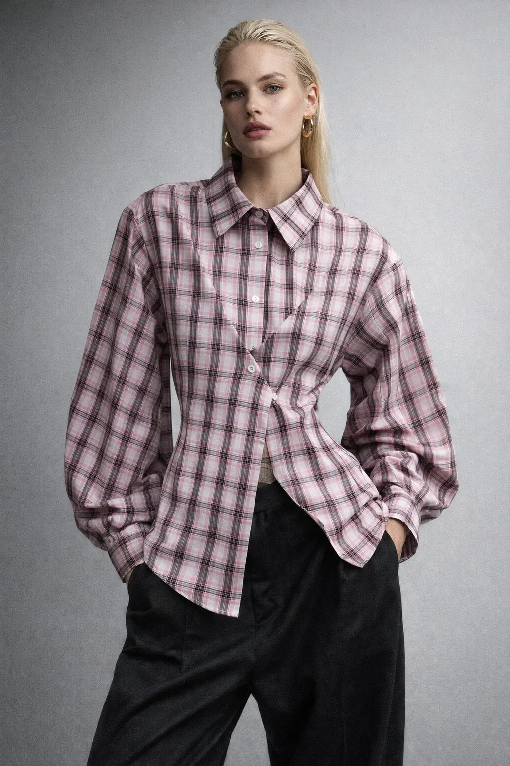 Chemise à carreaux rose coupe déstructuré manche bouffante - NMDRESS