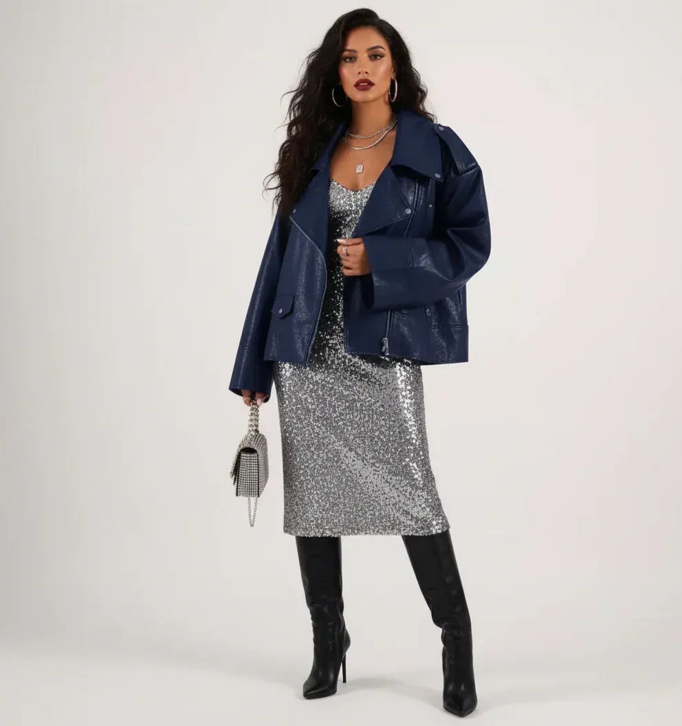 Perfecto court Bleu similicuir - NMDRESS