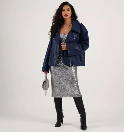 Perfecto court Bleu similicuir - NMDRESS