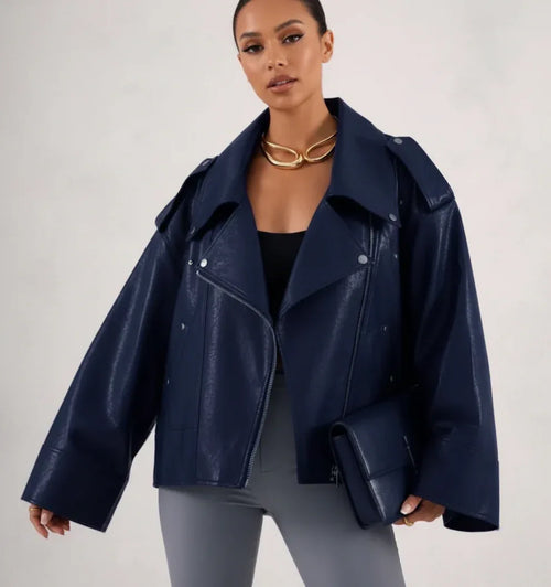 Perfecto court Bleu similicuir - NMDRESS