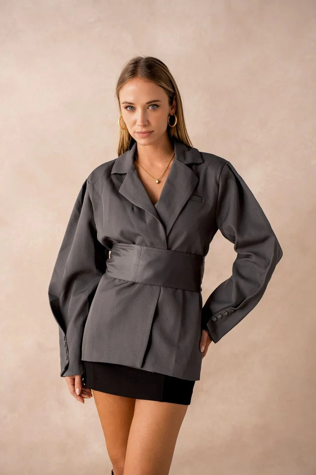 Blazer gris oversize femme à ceinture large Augustine - NMDRESS