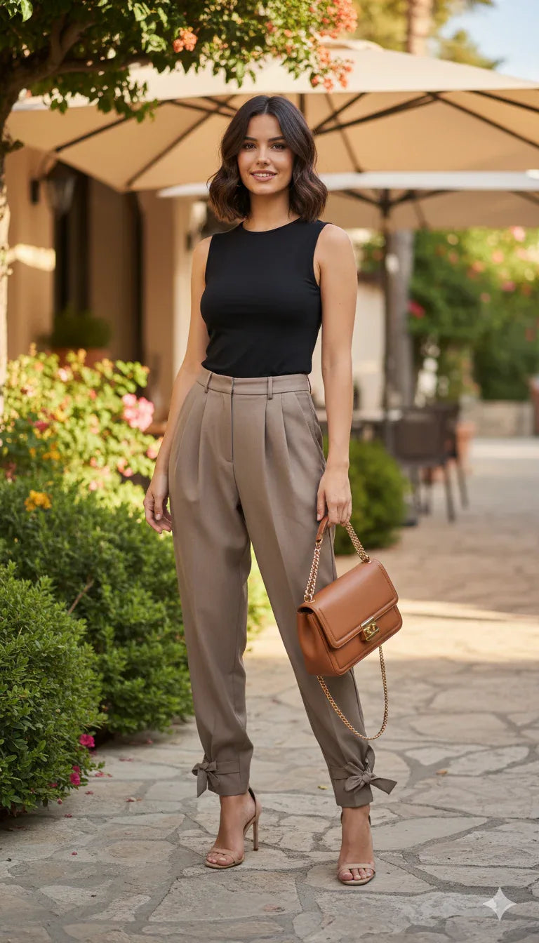 Pantalon femme taupe large noué à la cheville Auguste - NMDRESS