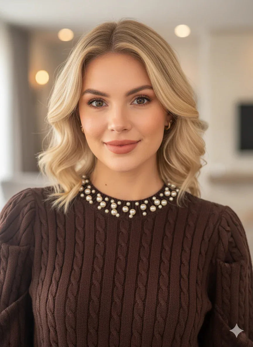 Pull marron structuré à tricot col perlé - NMDRESS