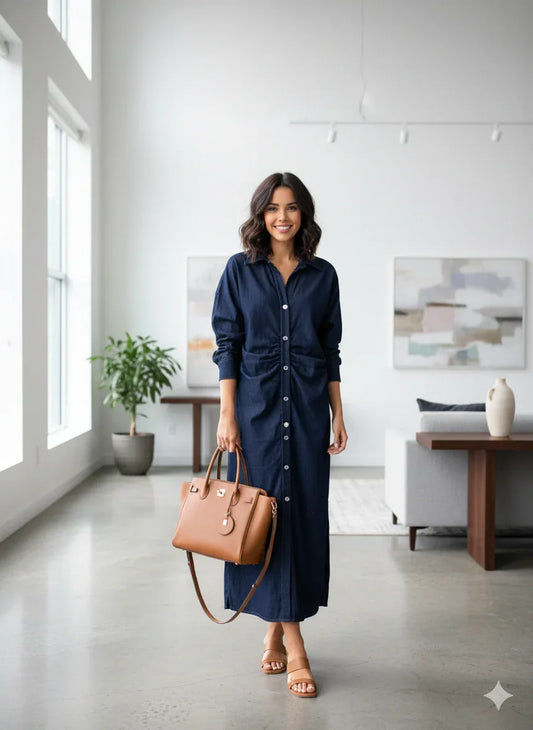 Robe mi-longue en denim bleu taille plissée - NMDRESS